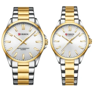 CURREN 9090 Stainless Steel Analog Couple Watch-Silver Gold & White