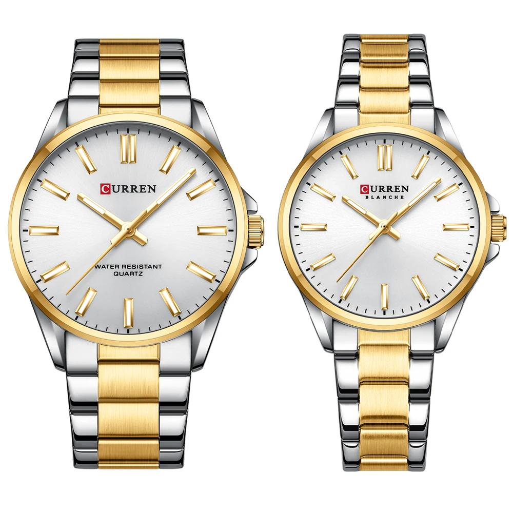 CURREN 9090 Stainless Steel Analog Couple Watch-Silver Gold & White CURREN 9090 Stainless Steel Analog Couple Watch-Silver Gold & White