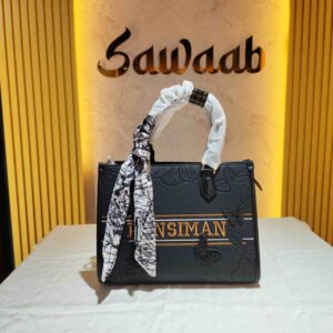 FANSIMAN Elegant Black Floral Handbag with Scarf and Butterfly Detail