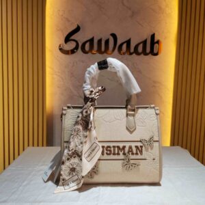 FANSIMAN Elegant Cream Floral Handbag with Scarf and Butterfly Detail