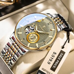 POEDAGAR 1416 Automatic Mechanical Stainless Steel Men’s Watch-Gold Grey