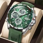 POEDAGAR E108 Multi-Functional Leather Straps Men’s Watch- Green Silver