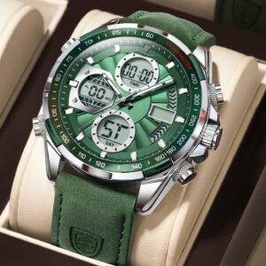 POEDAGAR E108 Multi-Functional Leather Straps Men’s Watch- Green Silver