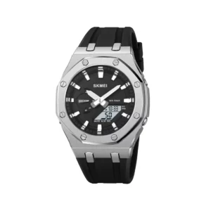 SKMEI 2243 Rugged 5ATM waterproof Military Tactical Men’s wristwatch with LED Backlight & Dual Display- Black Silver
