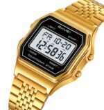 SKMEI 2465 Classic Digital LED Display Multi-Function Retro Unisex Thin Strip Wristwatch- Gold
