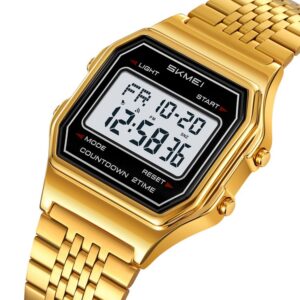 SKMEI 2465 Classic Digital LED Display Multi-Function Retro Unisex Thin Strip Wristwatch- Gold