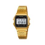 SKMEI 2465 Classic Digital LED Display Multi-Function Retro Unisex Thin Strip Wristwatch- Gold