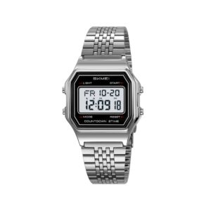 SKMEI 2465 Classic Digital LED Display Multi-Function Retro Unisex Thin Strip Wristwatch- Silver