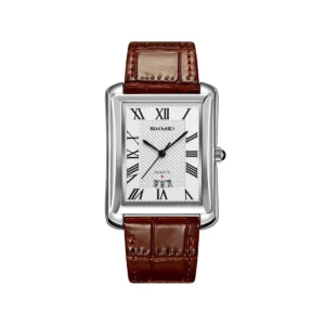 SKMEI 2575 Stainless Steel Luxury Quartz Movement Men’s Business Fashion Roman Numeral Square Case Leather Strap- Brown Silver