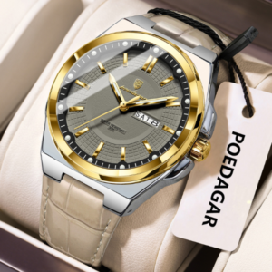 Poedagar 896 Luxury Sports Luminous Quartz Mens Watch Leather Strap Waterproof Watch for Men-Silver Grey Gold