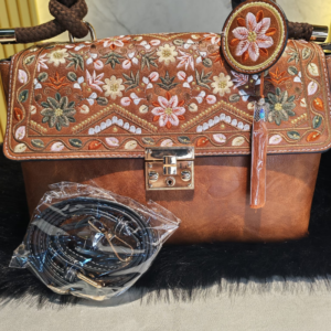 Embroidered Floral 8069 Handbag with Long Shoulder Strap – Brown