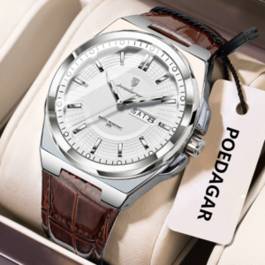 Poedagar 896 Luxury Sports Luminous Quartz Mens Watch Leather Strap Waterproof Watch for Men-Brown Silver