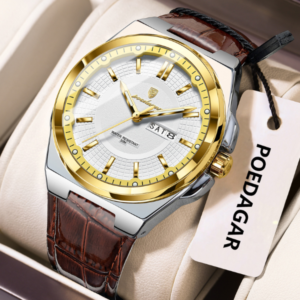 Poedagar 896 Luxury Sports Luminous Quartz Mens Watch Leather Strap Waterproof Watch for Men-Brown Silver Gold