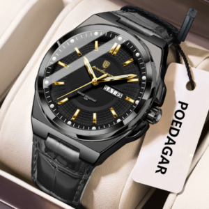 Poedagar 896 Luxury Sports Luminous Quartz Mens Watch Leather Strap Waterproof Watch for Men-Black