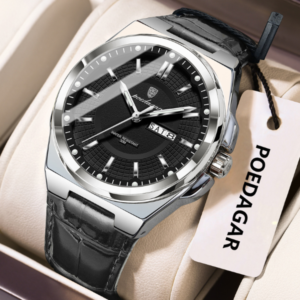 Poedagar 896 Luxury Sports Luminous Quartz Mens Watch Leather Strap Waterproof Watch for Men-Black Silver