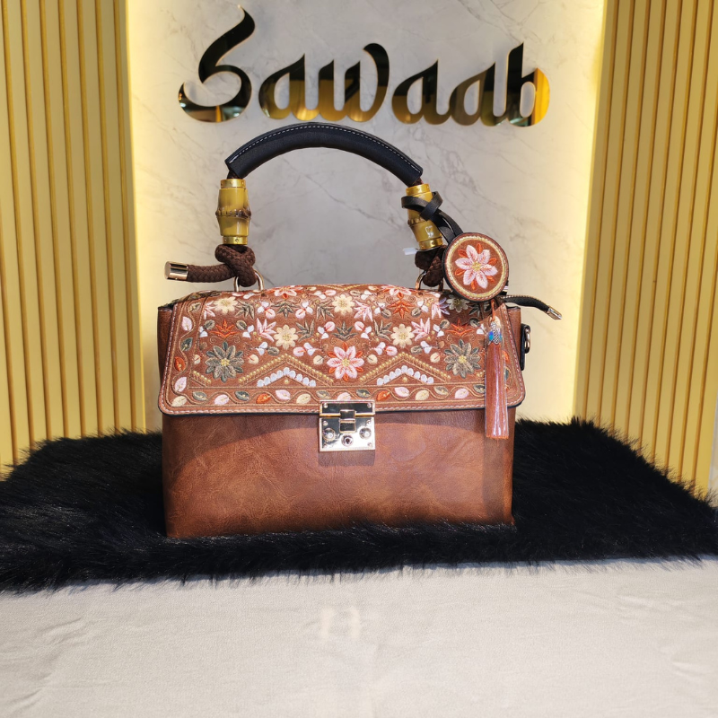 Embroidered Floral 8069 Handbag with Long Shoulder Strap – Brown Embroidered Floral 8069 Handbag with Long Shoulder Strap – Brown