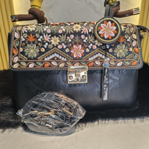 Embroidered Floral 8069 Handbag with Long Shoulder Strap – Black