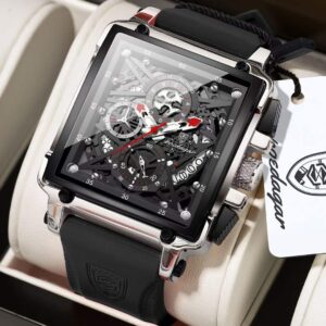 POEDAGAR 840 Luxury Square Chronograph Men’s Quartz Watch – Black & Silver