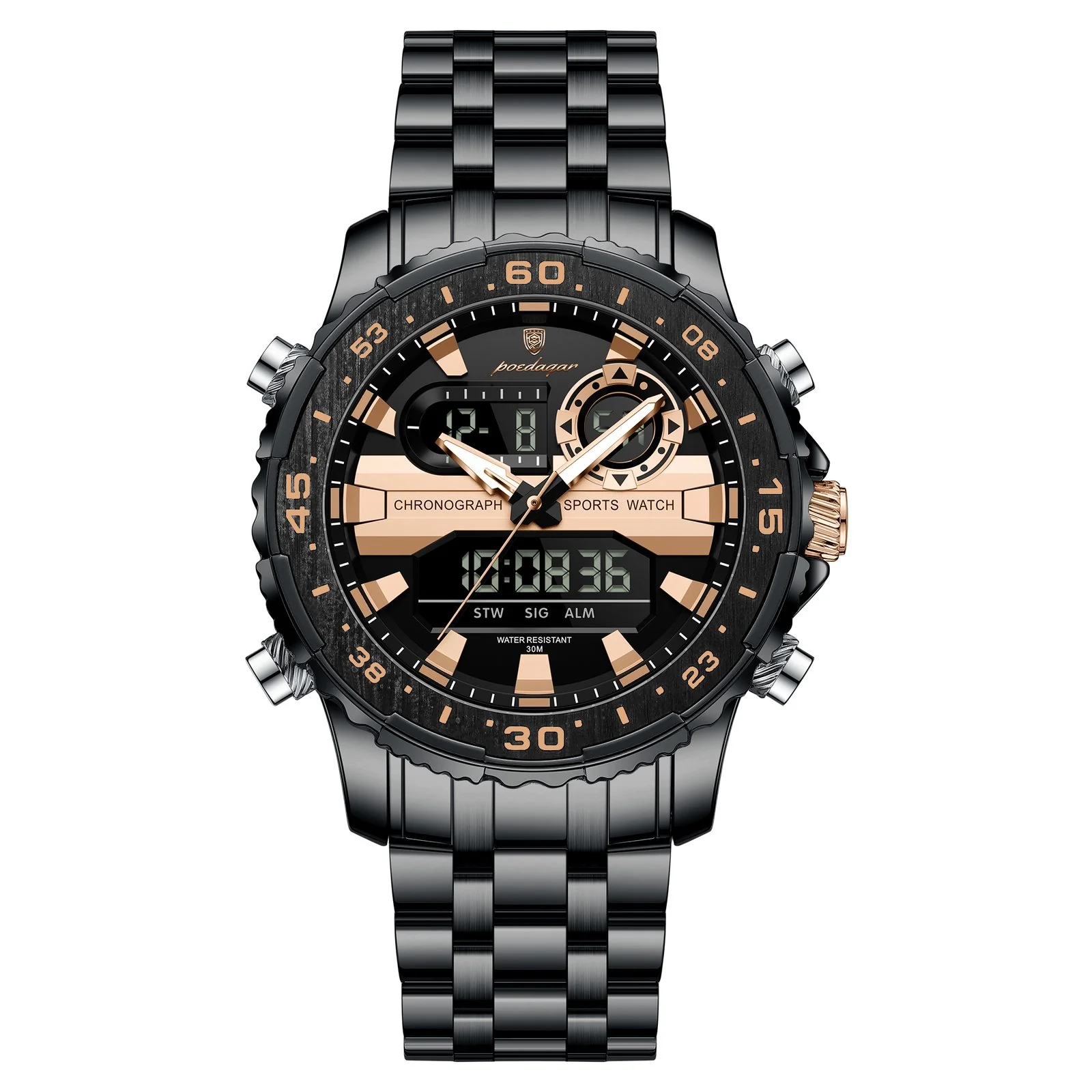 POEDAGAR 122 Luxury Dual Time LED Watch Black & Rose – Waterproof Digital Stainless Steel Men’s Wristwatch POEDAGAR 122 Luxury Dual Time LED Watch Black & Rose – Waterproof Digital Stainless Steel Men’s Wristwatch