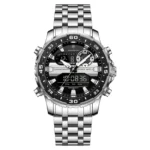 POEDAGAR 122 Luxury Dual Time LED Watch Silver Black – Waterproof Digital Stainless Steel Men’s Wristwatch