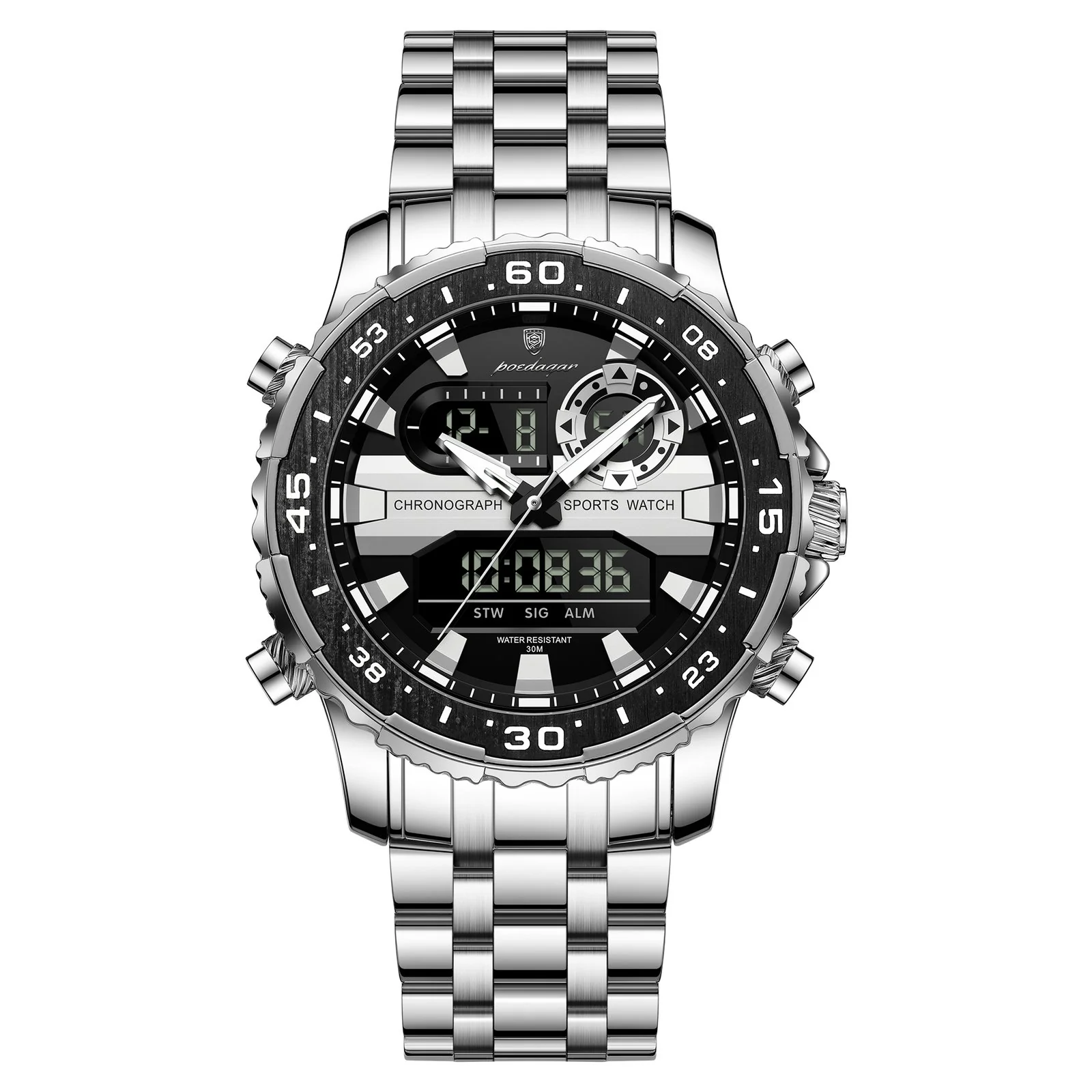 POEDAGAR 122 Luxury Dual Time LED Watch Silver Black – Waterproof Digital Stainless Steel Men’s Wristwatch POEDAGAR 122 Luxury Dual Time LED Watch Silver Black – Waterproof Digital Stainless Steel Men’s Wristwatch
